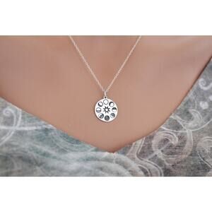 Sterling Silver Sun and Moon Phase Circular Pendant Necklace